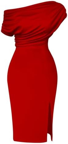 Memoriesea Women's Elegant Off Shoulder Split Hem Bodycon Ruched Midi Club Party Dress | Amazon (US)