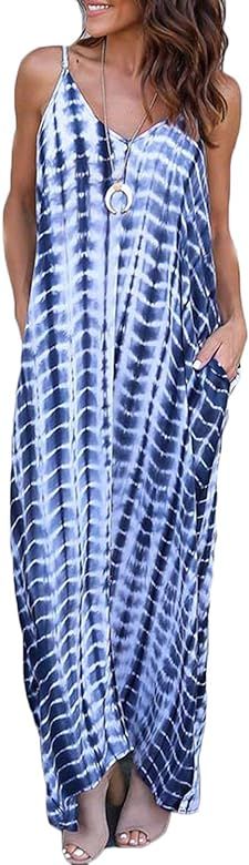 Women's Summer Tie Dye Beach Dress Casual Spaghetti Strap Maxi Dress Sleeveless Sling Midi Dress | Amazon (US)
