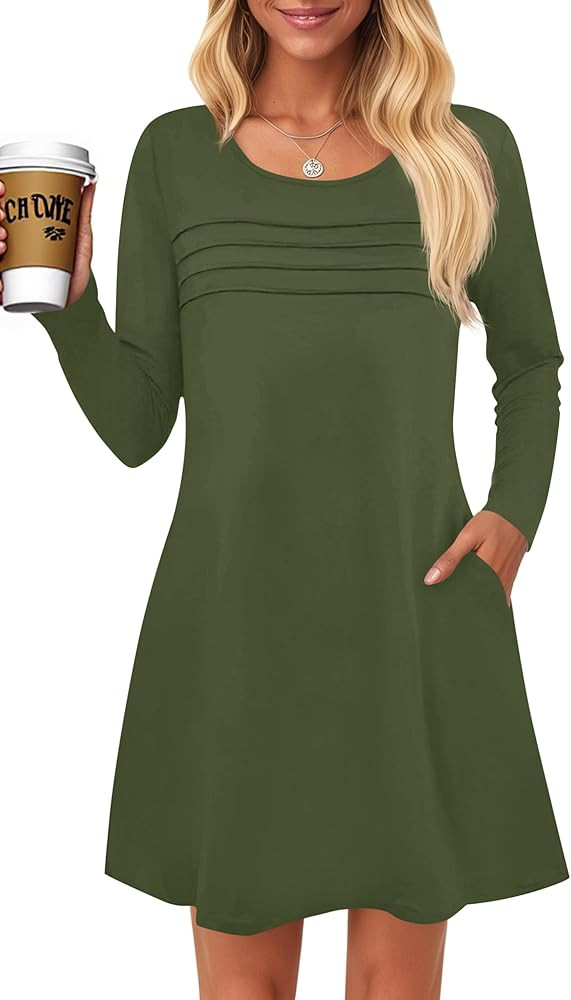 Wenrine Womens Long Sleeve Dress Fall Casual T Shirt Loose Fit Pleated Front Mini Dresses with Po... | Amazon (US)