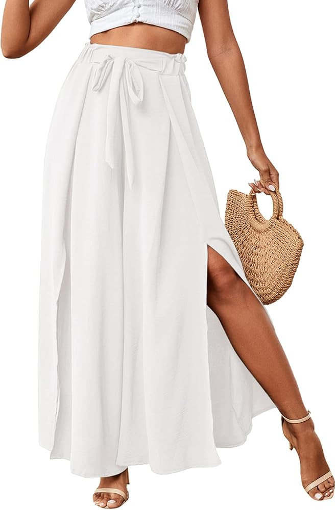 LYANER Women's Tie Front High Waist Side Split Slit Flowy Wide Leg Pleated Pant with Belt | Amazon (US)