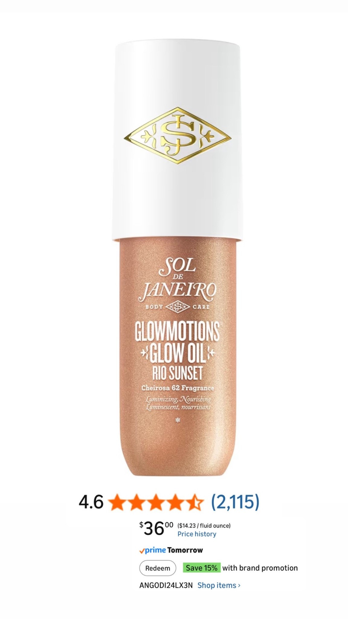 Amazon Sale Find 🤩☀️
Sol de Janeiro Glowmotions Glow Oil
The perfect glowing oil for summer! 

➡️ 15% off all Solde Janeiro with brand promotion code ANGODI24LX3N 

#amazon find
#amazon beauty find
#sale alert
#glow oil 
#body care
#body fragrance 
#shimmer oil
#pistachio salted Carmel vanilla
#vacation essentials ￼
#gift idea
#summer essentials 

#LTKgrwm #LTKSwim #LTKSaleAlert
