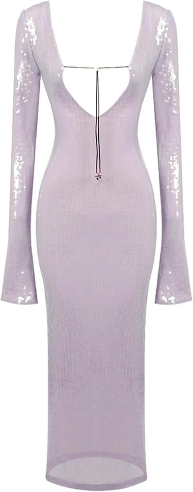 meilun Deep V Dress with Drawstring Long Sleeve Sequin Dress for Women Long Gown | Amazon (US)
