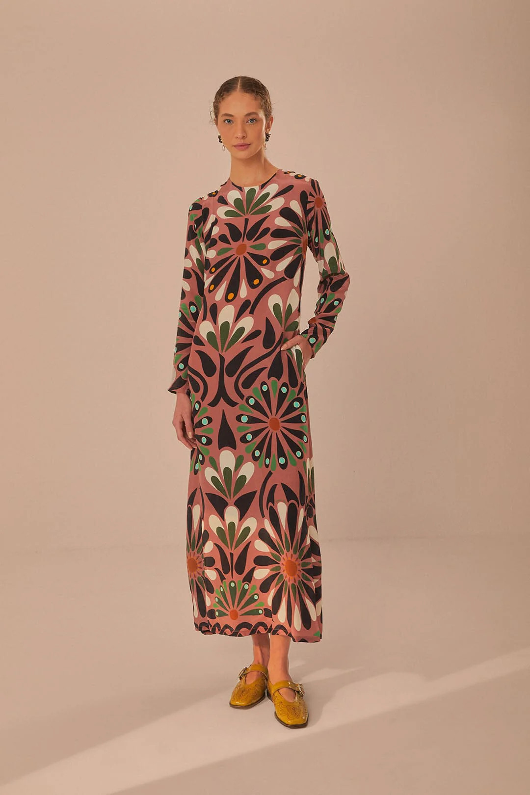 Pink Ainika Flowers Long Sleeve Maxi Dress | FarmRio (US)