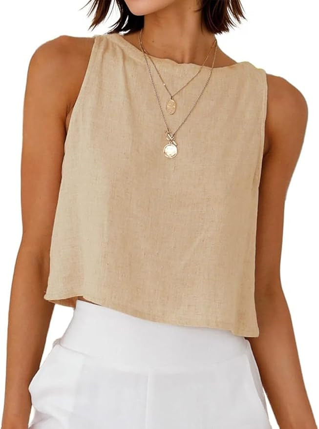 Mywinway Linen Tank Tops for Women Cotton Summer Sleeveless Cropped Casual Fashion Cute Tops | Amazon (US)