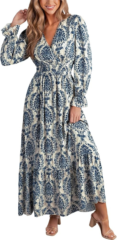CUPSHE Maxi Dresses for Women V Neck Ruffled Long Sleeve Paisley Smocked Waist A Line Casual Fall... | Amazon (US)