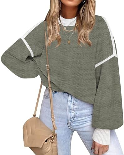 Fall Clothes for Women 2026 Trendy Fashion Oversized Sweaters Color Block Long Sleeve Knited Pull... | Amazon (US)