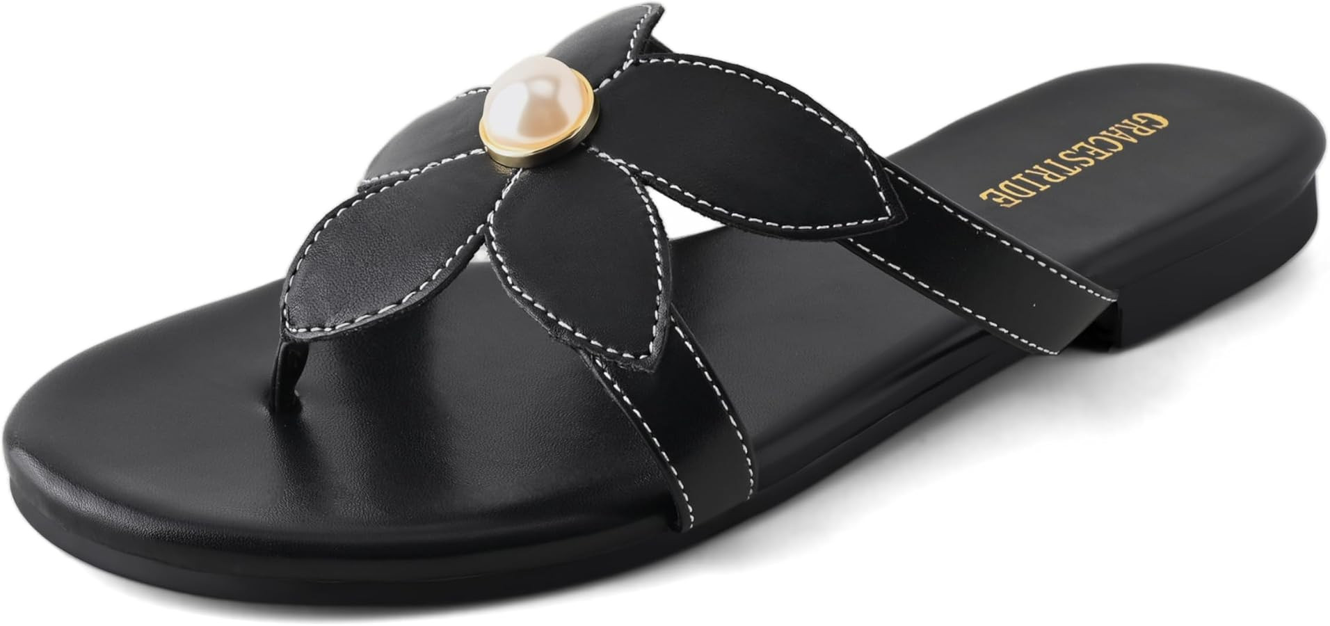Flat Sandals for Women Pearl Slides Flower Flip Flops Round Toe Comfortable Beach Dressy Shoes | Amazon (US)