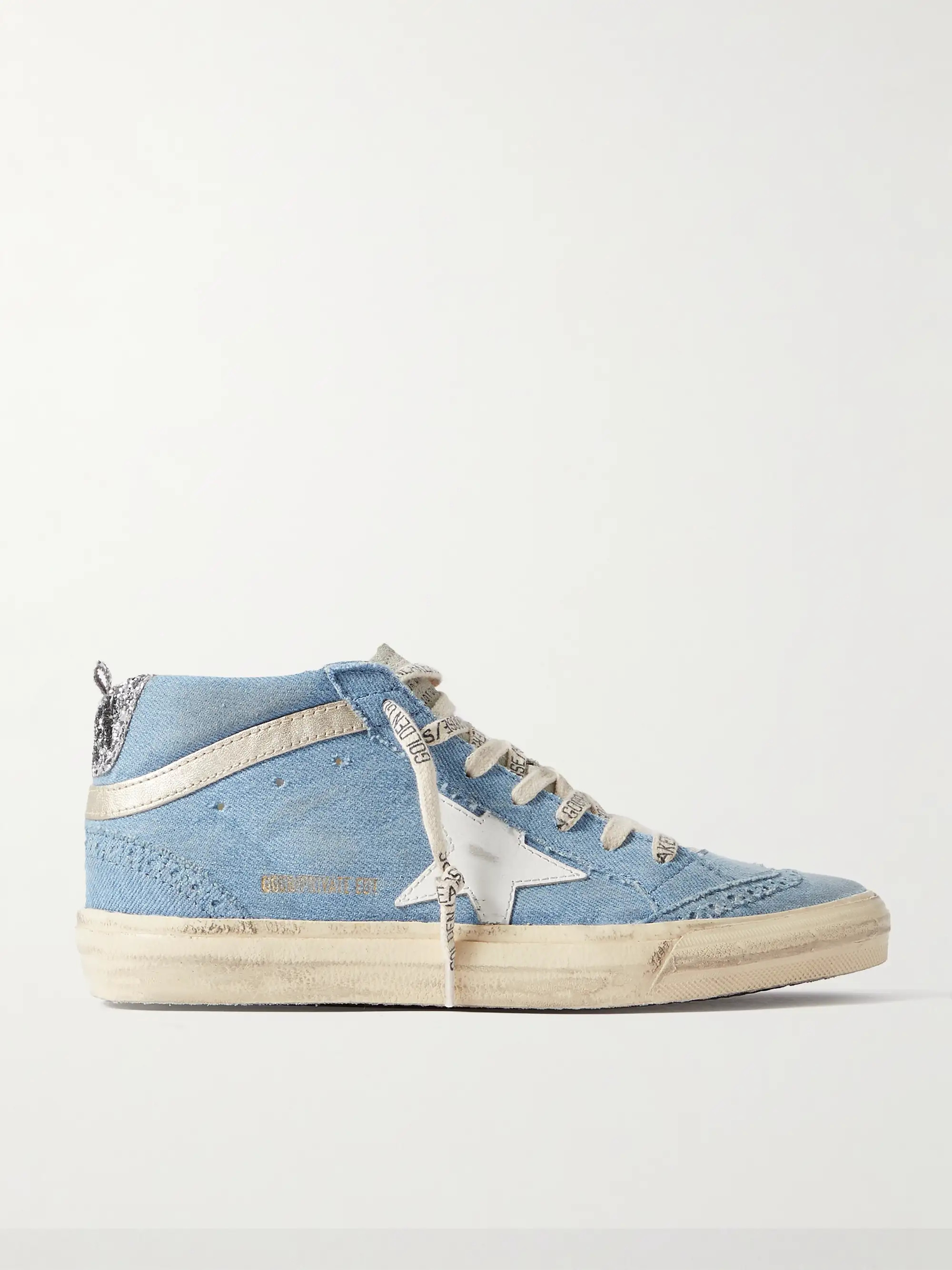 Mid Star glittered leather-trimmed distressed denim high-top sneakers | NET-A-PORTER (US)