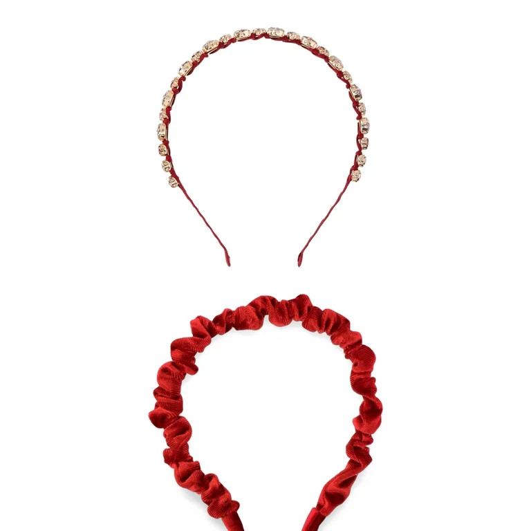 Time and Tru Women's Ruched Velvet and Rhinestone Hair Headband 2-Piece Set, Red | Walmart (US)