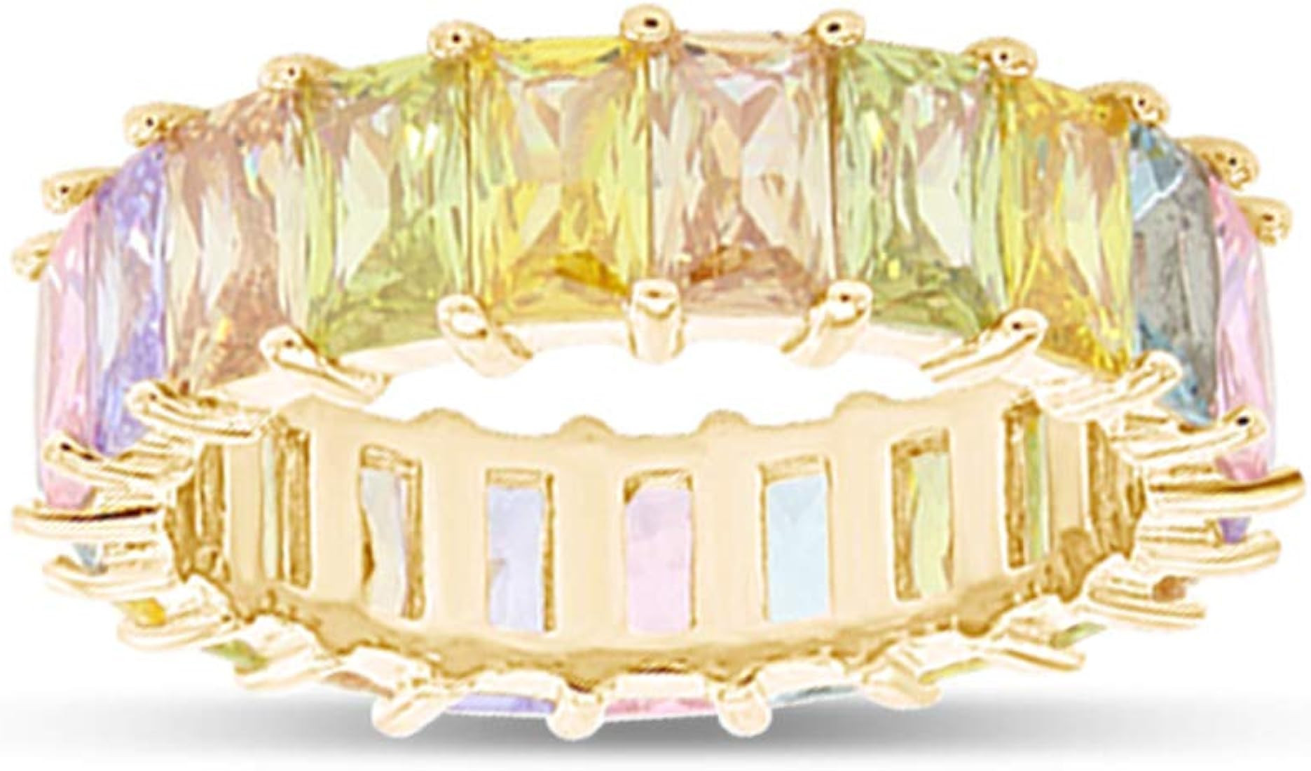 AFFY 18K Yellow Gold Plated Emerald-Cut Multi Color AAA Created-Gemstone Eternity Ring Rainbow | Amazon (US)