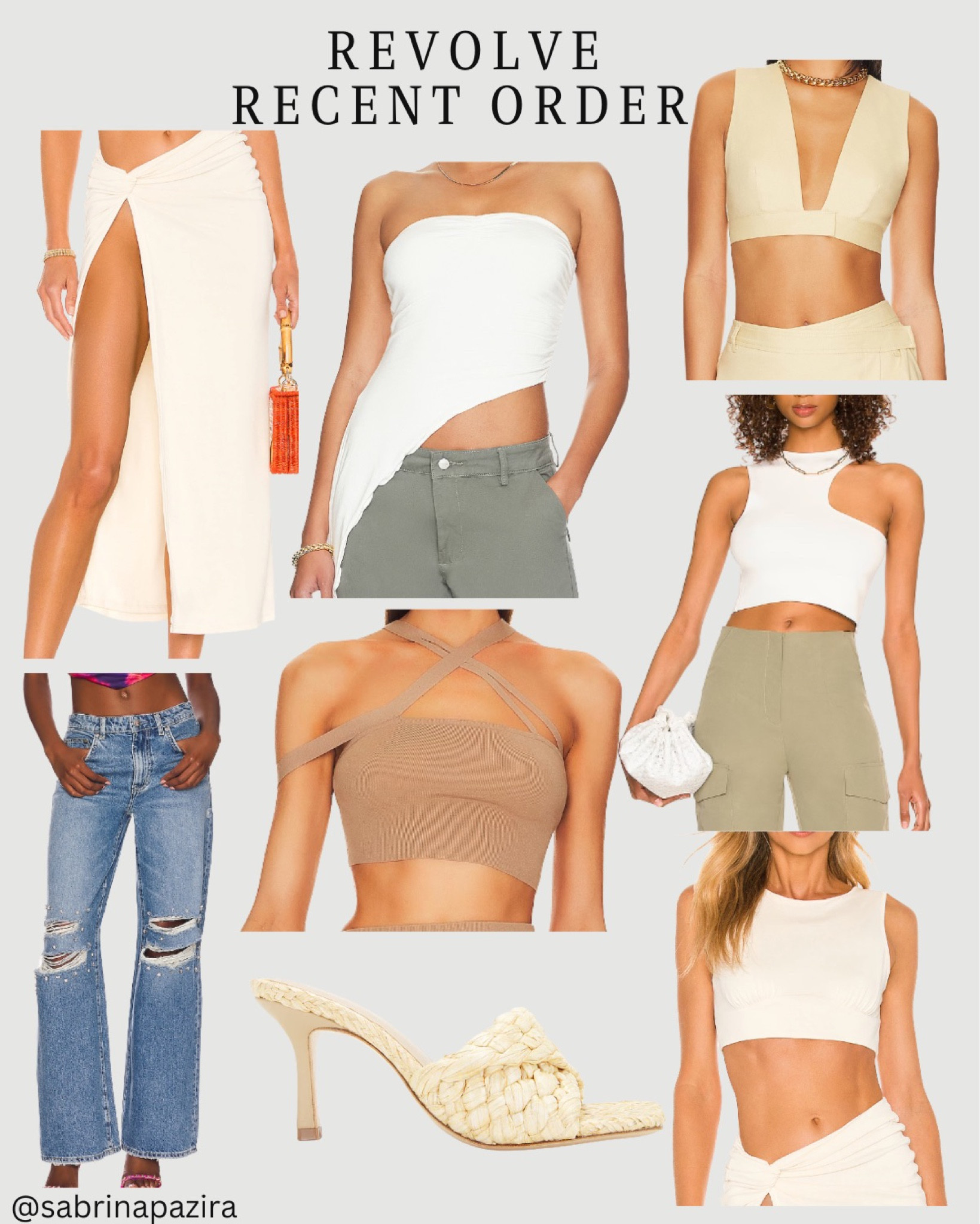 Revolve recent order, leg slit, skirt, asymmetrical top, strapless, strappy top, jeans, distressed, denim, sandals, heels, crop top, neutrals 

#LTKSeasonal #LTKstyletip #LTKunder100