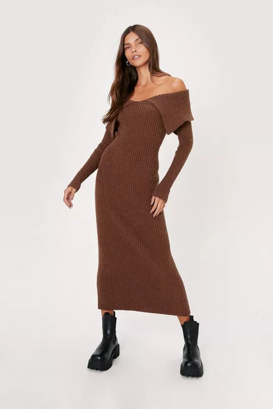 Bardot Fold Over Ribbed Knitted Midi Dress | Nasty Gal (US)
