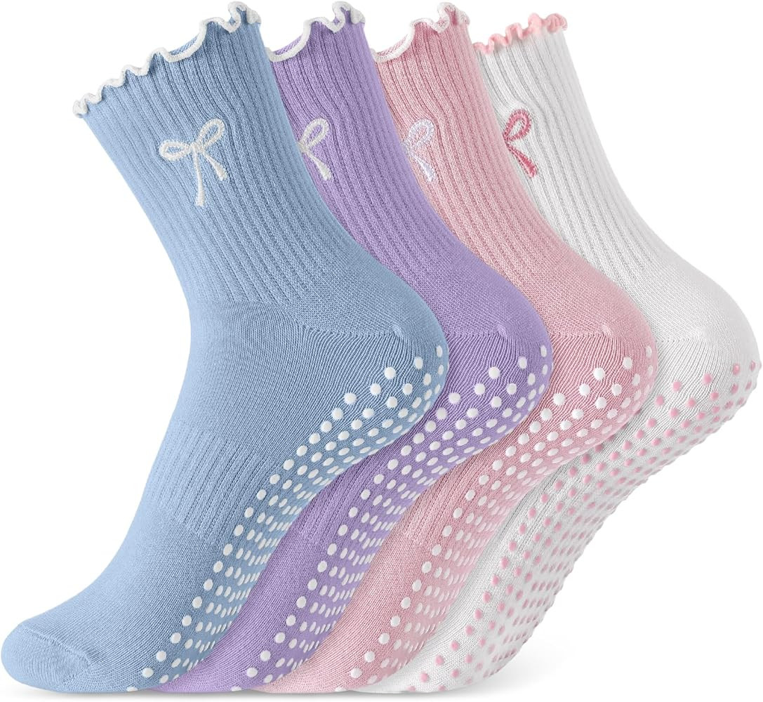 Jeyiour 4 Pairs Cute Pilates Grip Socks for Women, Ruffle Non Slip Crew Grippy Yoga Socks with Bo... | Amazon (US)