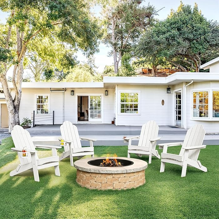 LUE BONA Folding Adirondack Chair Set of 4, White HDPS Weather Resistant Outdoor Chair with Cup H... | Amazon (US)