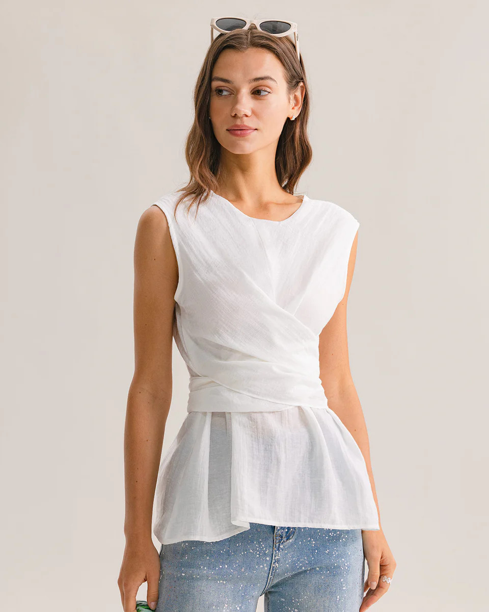 White Round Neck Tie-back Tank Top | rihoas.com