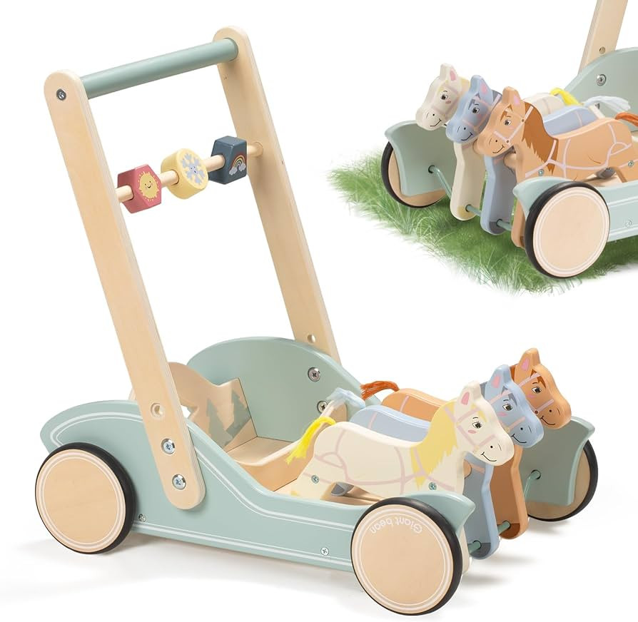 Wooden Baby Walker for Boys Girls Ages 1-3, Galloping Ponies Push and Pull Activity Walker Adjust... | Amazon (US)