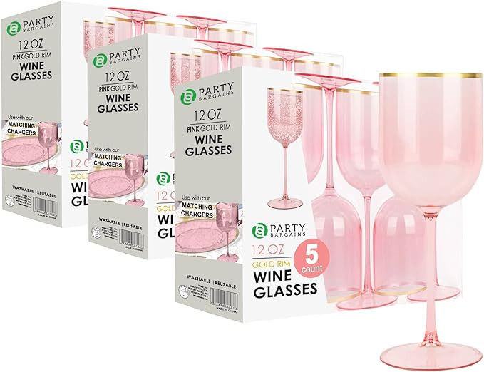 PARTY BARGAINS 15 Wine Goblets - Pink Gold Rim (12oz) - Disposable Shatterproof Elegant Design Pl... | Amazon (US)