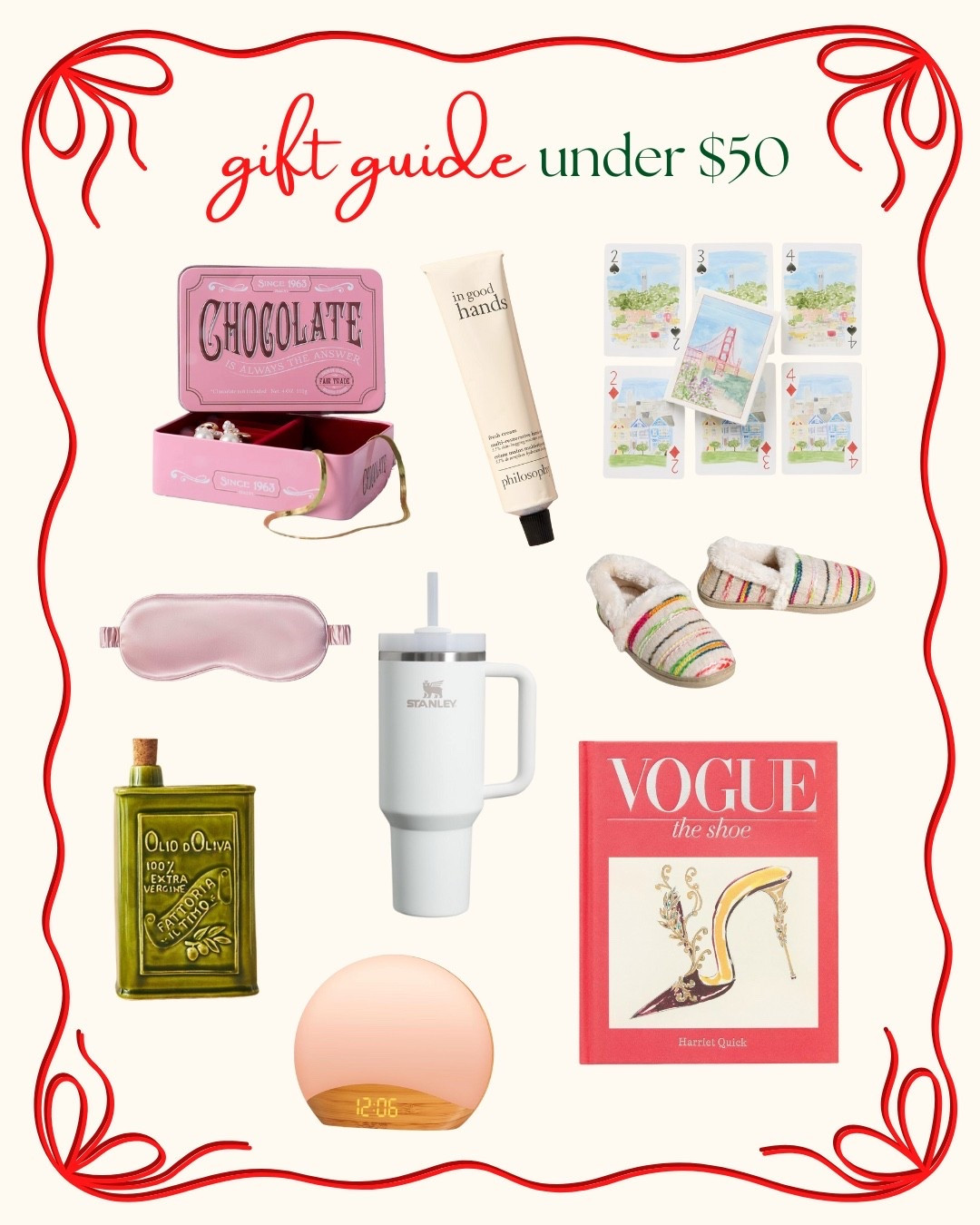 Some gifts for under $50! I love a good coffee table book or a self-care item like a luxe hand cream or a sleep mask. I also think cozy items like slippers are always a safe bet for anyone on your list. How cute are these watercolor playing cards (available in a few different versions!) and a jewelry box that looks like chocolate! 

#LTKHoliday #LTKGiftGuide #LTKFindsUnder50