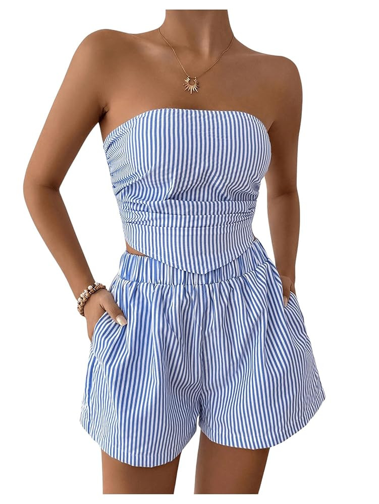 OYOANGLE Women's 2 Piece Striped Print Jumpsuits Asymmetrical Hem Ruched Strapless Tube Top Short... | Amazon (US)