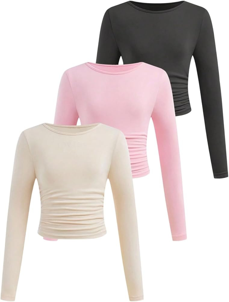 SOLY HUX Girl's Long Sleeve T Shirts 3 Packs Crewneck Fall Tees Ruched Fitted Tee Shirt Tops | Amazon (US)