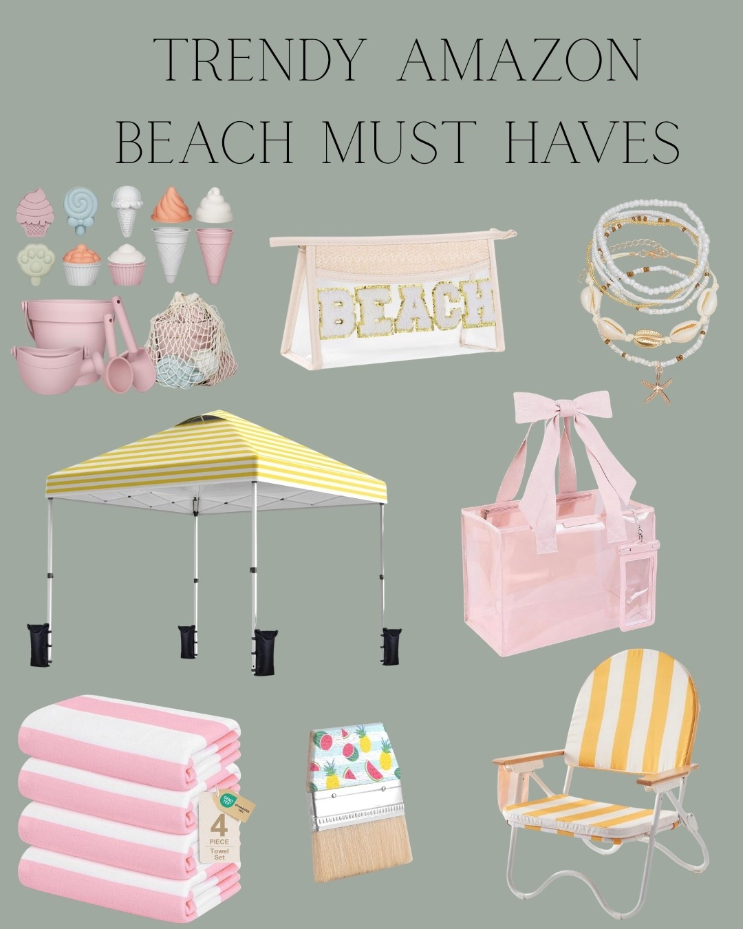 Trendy Amazon beach must haves! 

Beach tent 
Beach bag 
Pool bag 
Beach chair 
Beach towels 
Beach toys 
Bleach accessories

#LTKmomlife #LTKKids #LTKTravel