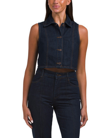 Sleeveless Cropped 4 Button Denim Collared Top, Cotton | TJ Maxx