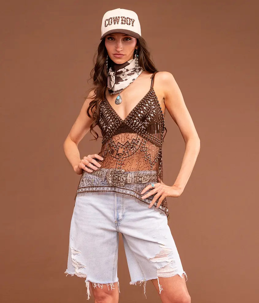 Embroidered Sequin Mesh Tank Top | Buckle