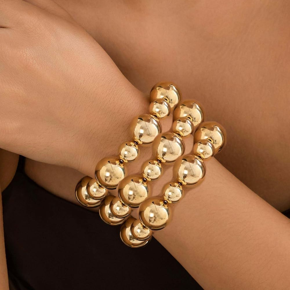 Gold Ball Bracelets for Women Chunky Stackable Bracelets Big Gold Silver Ball Bangle Stretch Bead... | Amazon (US)