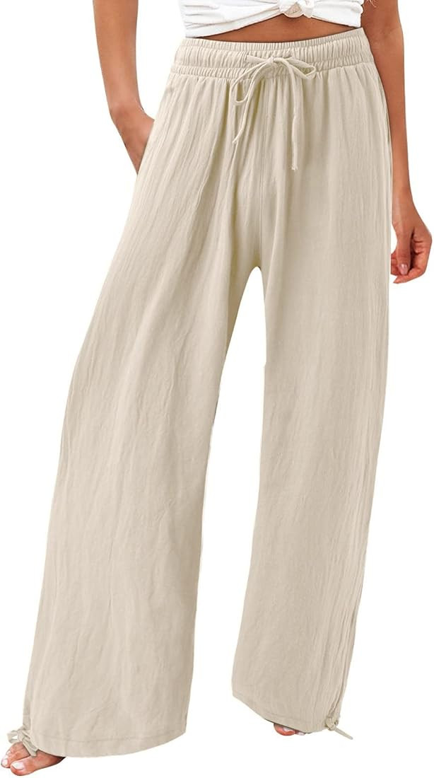 Womens Casual Pants High Waist Wide Leg Lounge Pant Cotton Linen Trousers Loose Beach Palazzo Pants  | Amazon (US)