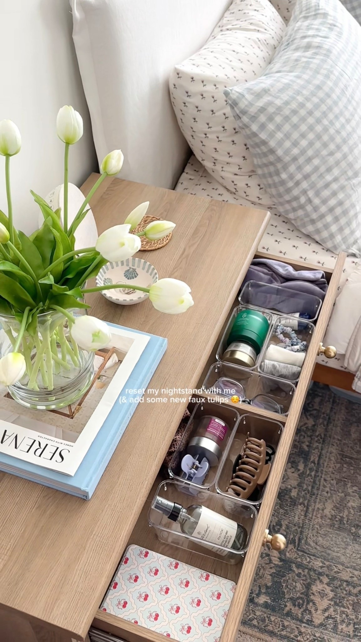nightstand reset with some new faux tulips for spring! 

nightstand organization, drawer organizer, organized home, gingham bedding, cozy bedroom, coastal decor 

#LTKmorningroutine #LTKHome #LTKdayinmylife
