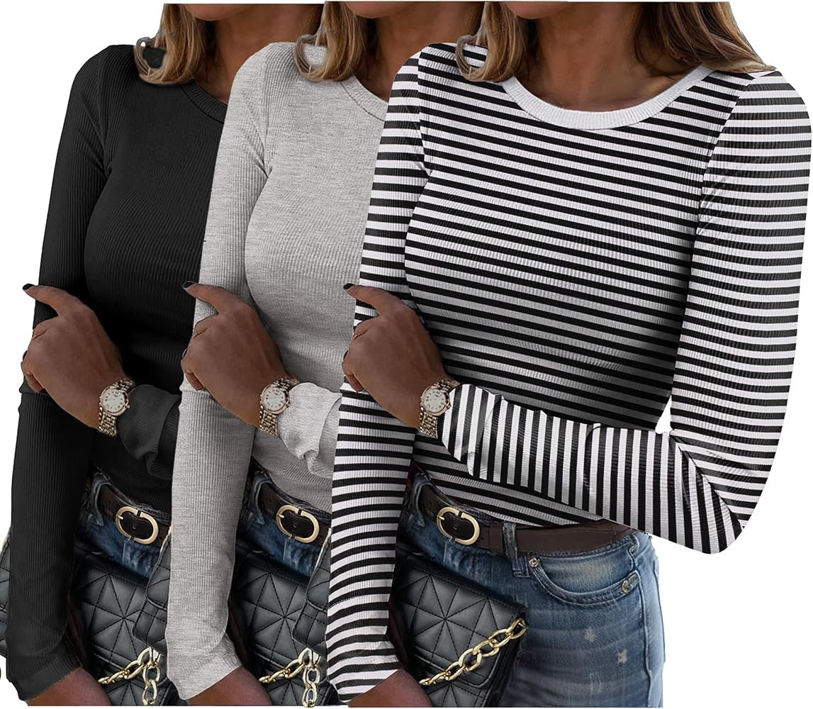 Zeagoo Womens Long Sleeve Stretch Crewneck Ribbed T-Shirt Slim Fit Casual Basic Tops S-XXL | Amazon (US)