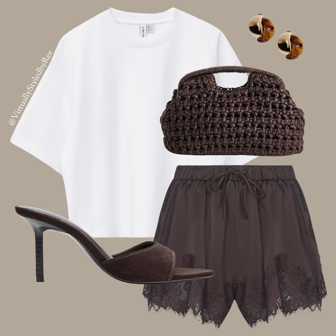 Evening Summer Outfit Look

Tags: Dinner Date, Evening, Summer, Spring, Lace Satin Shorts, Lace Shorts, Tshirt, Earrings, Clutch Bag, Brown Outfit, Woven Bag

#LTKuk #LTKsummer #LTKspring