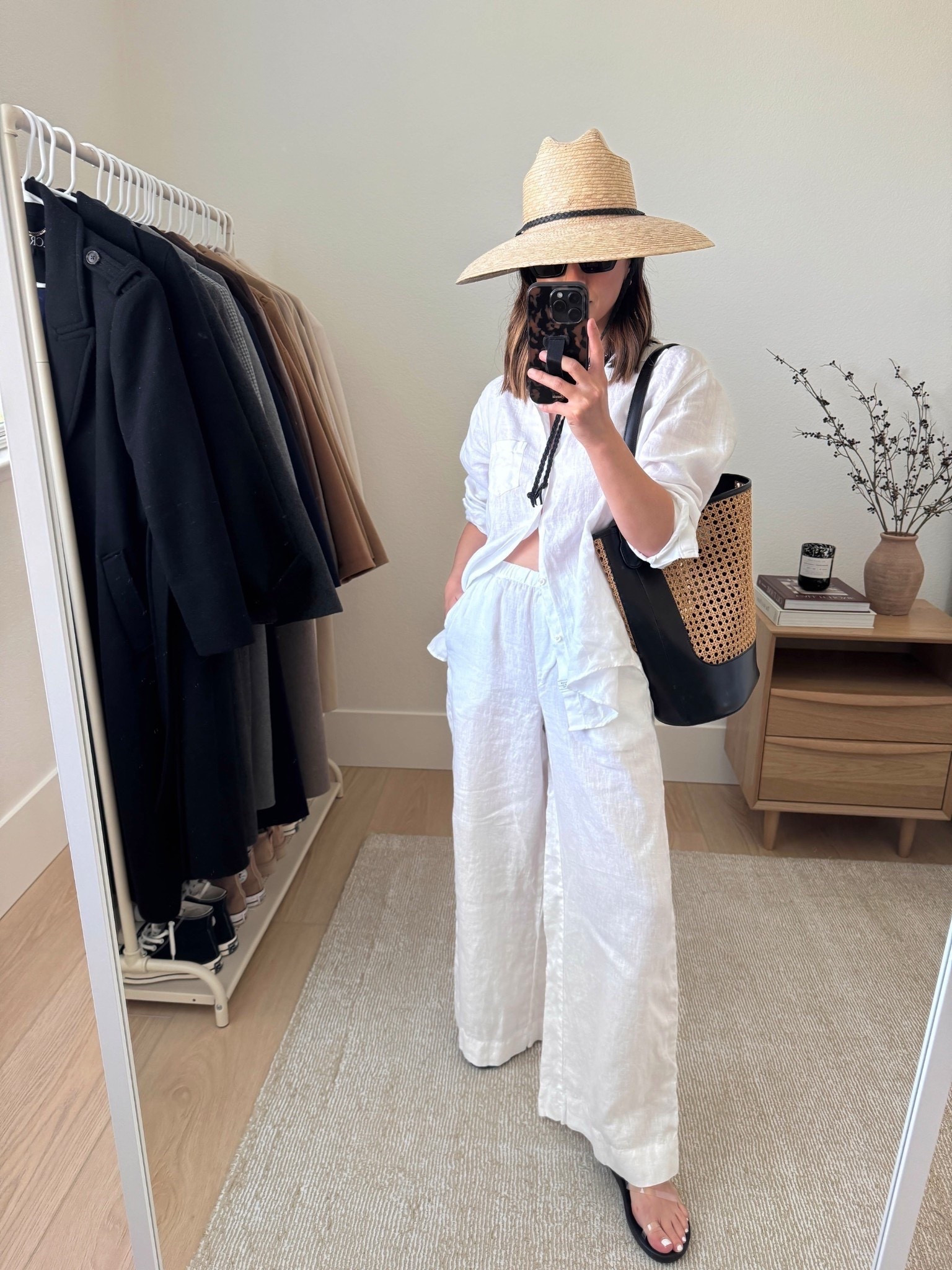 Summer outfit ideas. How to wear linen sets. A true wide legged linen pull on pant. Comes  as set but you can buy each piece separately. Truely, the best relaxed lined shirt. 

Jenni Kayne hat small/med
Frank & Eileen set xs
J.Crew bag
YSL Sunglasses
Ancient Greek sandals 35 (old)

Summer outfits, summer style, petite style 

#LTKSeasonal #LTKItBag #LTKPetite