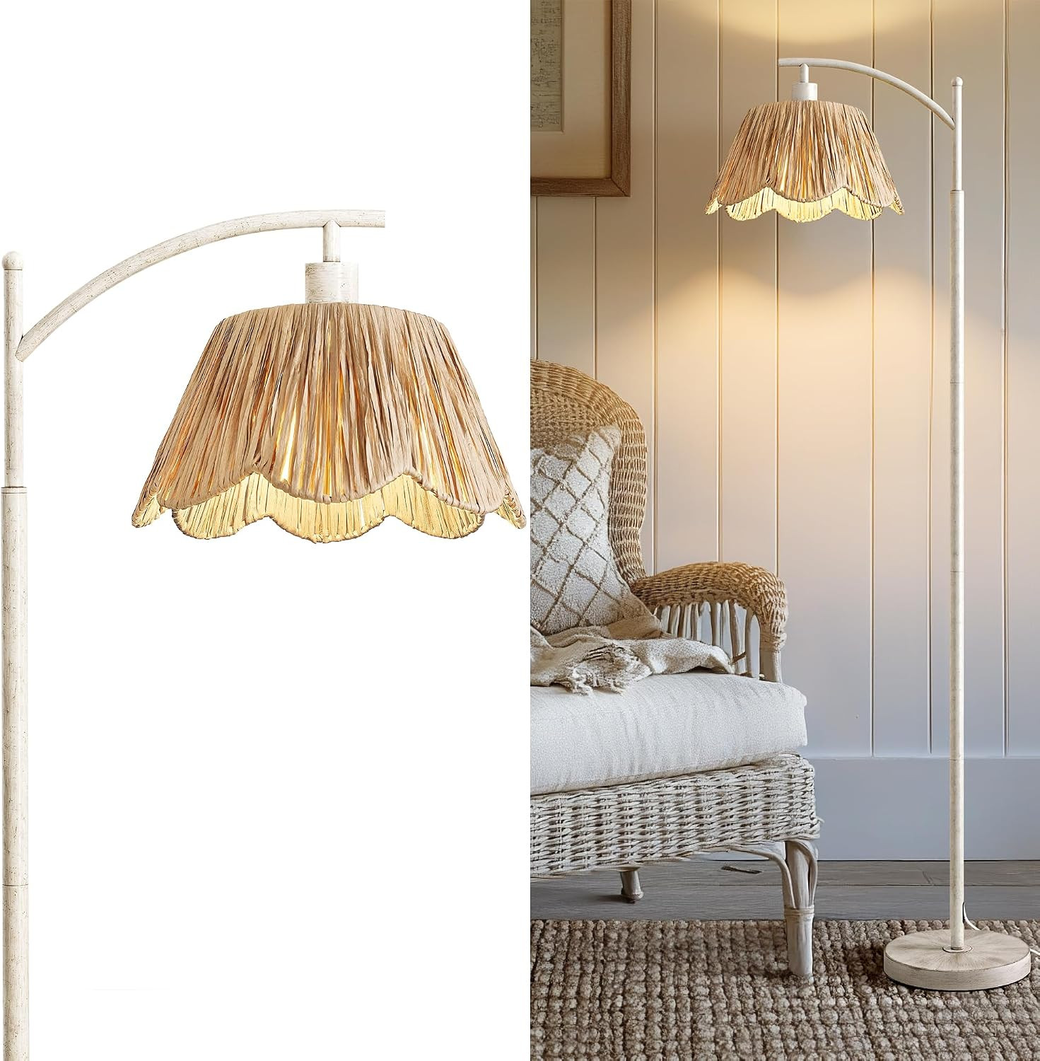 Farmhouse Floor Lamps for Living Room, Boho Floor Lamp for Bedroom with Foot Switch, Rattan Floor Lamp for Reading with Hand-Woven Shade, Antique White Metal Base & Pole | Amazon (US)