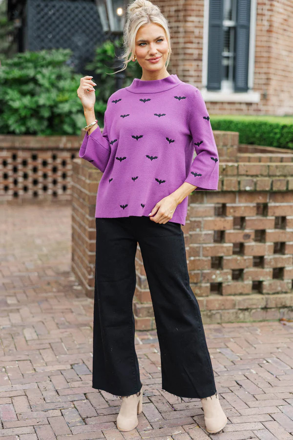 Fall Feels Forever Purple Embroidered Bats Sweater | The Mint Julep Boutique