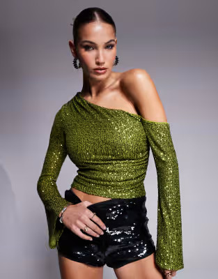 ASOS DESIGN sequin ruched asymmetric neck top in olive | ASOS (Global)