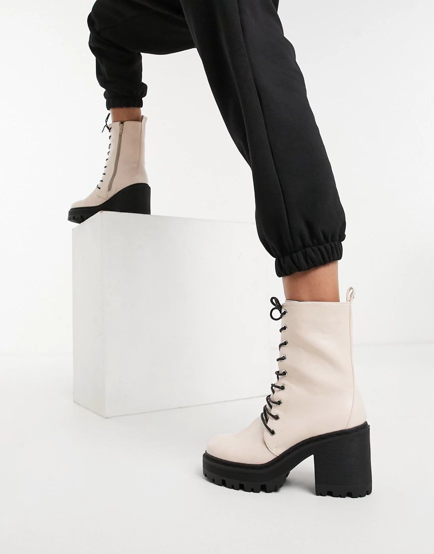Truffle Collection faux leather chunky heeled lace up boot in light pink | ASOS (Global)