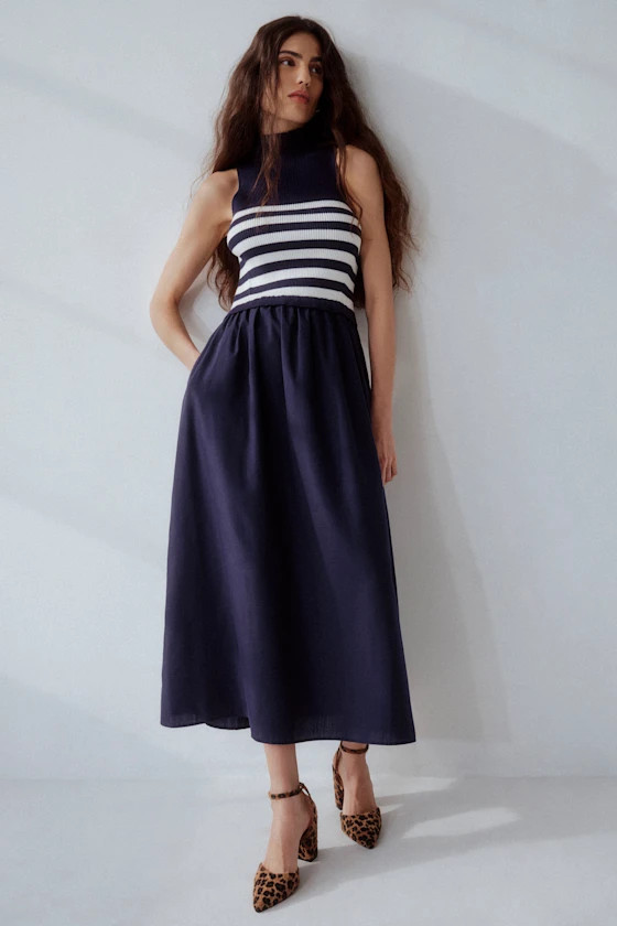 Confident Cues Navy Striped Mixed Media Midi Dress | Lulus