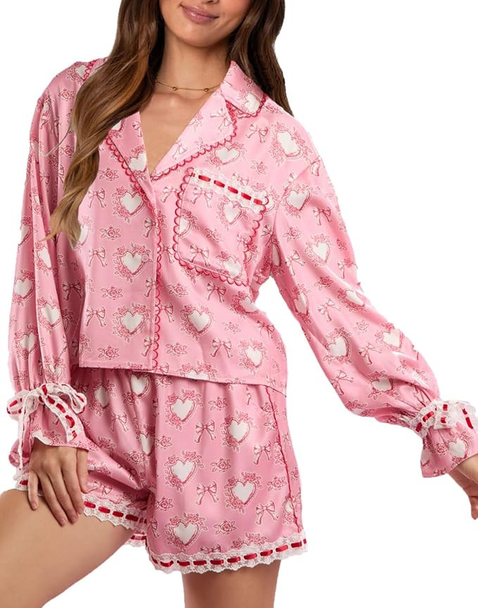 Yiulangde Womens Bow Tie Pajamas Shorts Holiday Pjs Set Long Sleeve Button Up Shirt Ruffle Shorts... | Amazon (US)