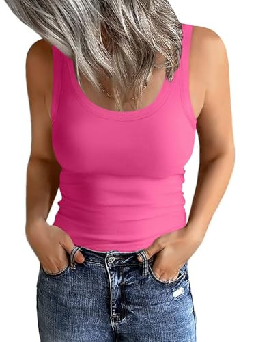 EADINVE Womens Cotton Scoop Neck Tank Tops Basic Sleeveless Cami Shirts Trendy Summer Outfits Slim Fit 2025 Rose Pink | Amazon (US)