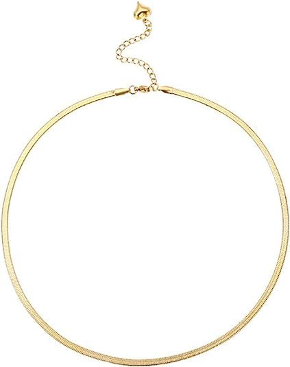 YUESUO Gold Plated Herringbone Choker Necklace for Women Flat Snake Chain Jewelry | Amazon (US)
