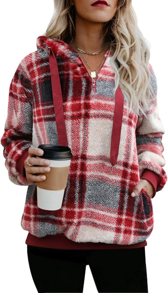 Nirovien Womens Sherpa Pullover Oversized Fuzzy Hoodie Double Fleece Sweatshirts Fluffy Plaid Out... | Amazon (US)