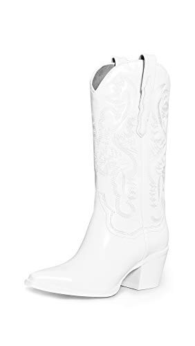 Jeffrey Campbell Dagget White Combo Pull On Block Heel Pointed Toe Western Boots (White Combo, 8) | Amazon (US)