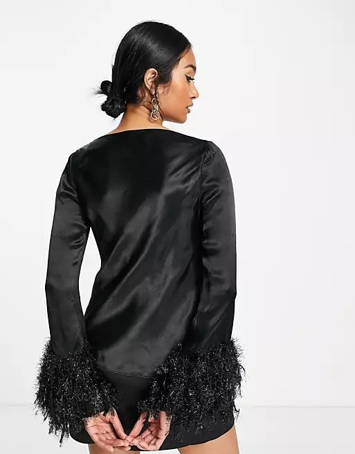 ASOS DESIGN long sleeve top with faux feather cuff detail in black | ASOS (Global)