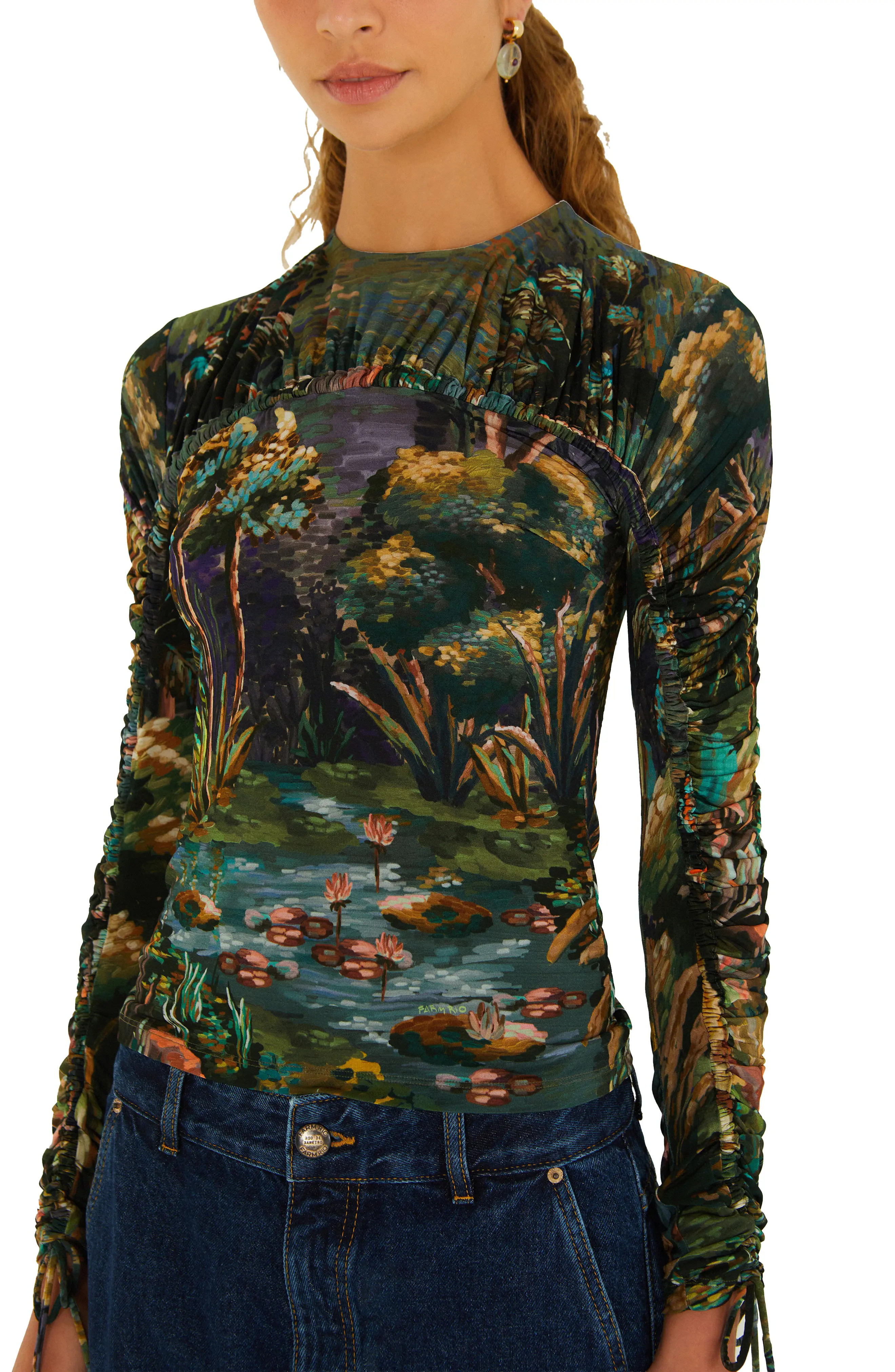 FARM Rio Petricor Long Sleeve Ruched Jersey Top in Green at Nordstrom, Size X-Small | Nordstrom