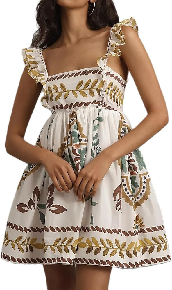 Women Graffiti Mini Cami Dress Spaghetti Strap Floral Boho Short Dress Flowy Sling Dress Summer H... | Amazon (US)