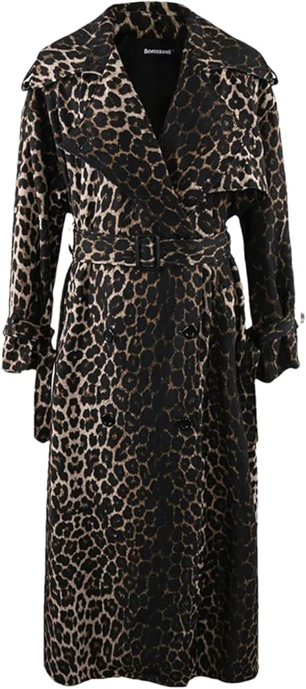 Fnfmrfmr Women Long Leopard Print Trench Coat Back High Slit Double Breasted Lapel Jacket With Po... | Amazon (US)