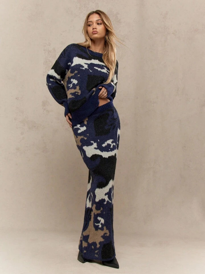 MISSGUIDED Camouflage Round Neck Full Sleeve Jumper With Maxi Skirt 2 Piece Knitwear Sweater Set | SHEIN