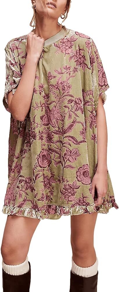Aimiray Women's Vintage Velvet Dress Round Neck Short Sleeve Floral Printed Mini Flowy Dress | Amazon (US)