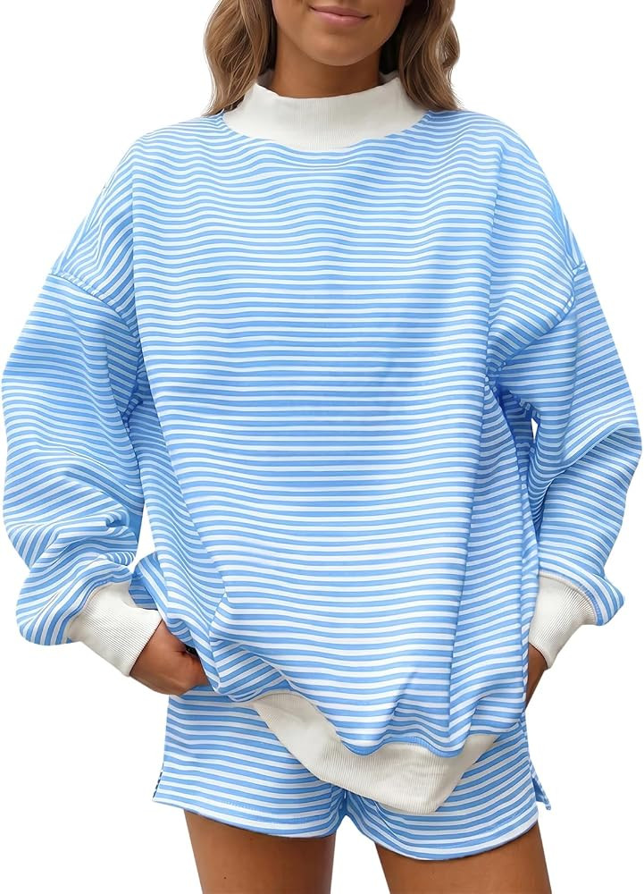 Fisoew Womens Striped 2 Piece Outfits Lounge Sets Mock Neck Oversized Long Sleeve Sweatshirts Cas... | Amazon (US)